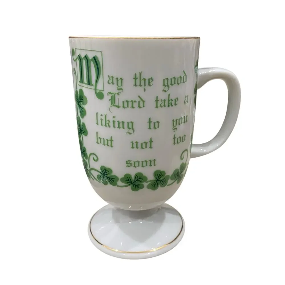 Funny 1970s Shamrock Irish Coffee Mug Lucky Clover White Porcelain Cup Gold Trim